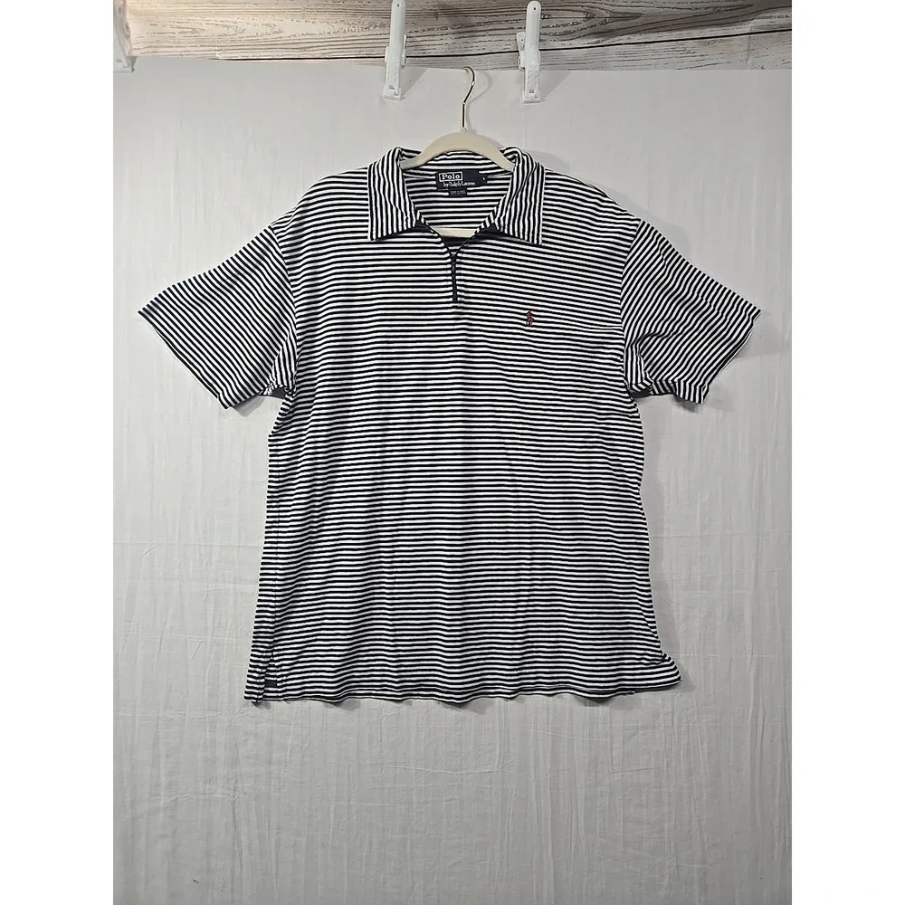 Vintage Polo‎ Ralph Lauren Polo Short Shirt Men's L Navy White 1/4 Zip Striped